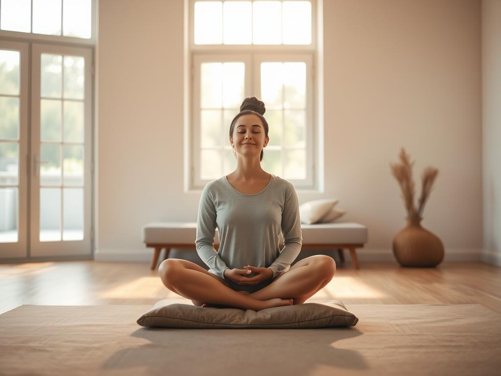 Stärke Deinen Geist: Mindset Übungen für Alltag 2 A serene and tranquil scene of a person practicing mindfulness in their everyday life. In the foreground, a person sits cross-legged on a cushion, eyes closed, hands resting gently in their lap, exuding a sense of deep focus and inner calm. The middle ground features a simple, uncluttered room, with warm, diffused lighting filtering in through large windows, casting a soft glow. The background depicts a minimalist, nature-inspired setting, such as a lush, verdant garden or a serene lakeside, suggesting a connection to the natural world. The overall atmosphere is one of peaceful introspection, where the viewer is drawn into the moment and encouraged to pause, observe, and find stillness within the rhythm of daily life.