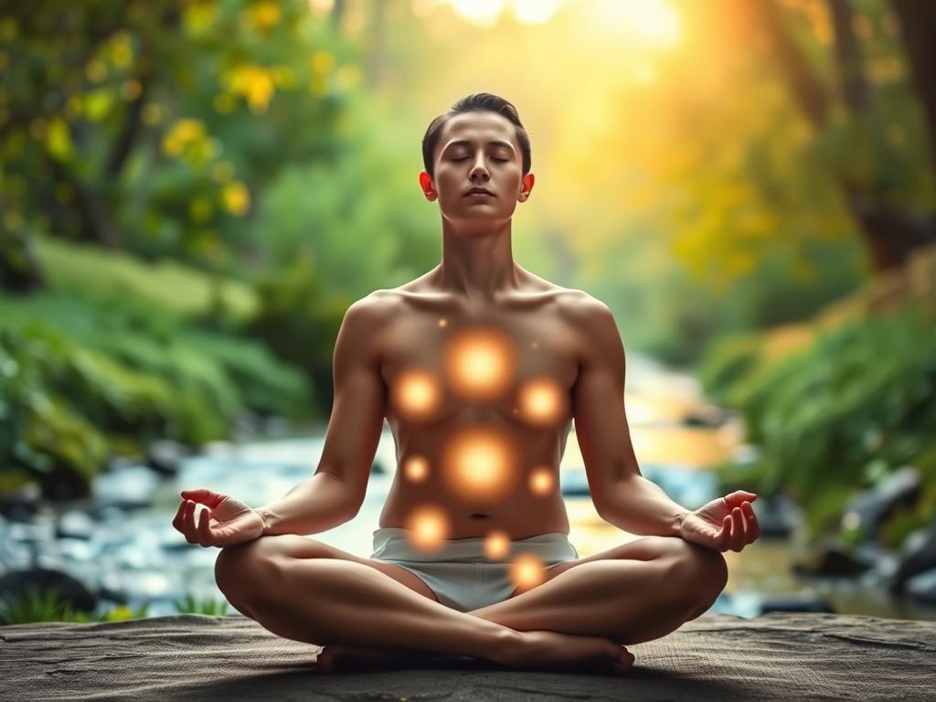 Selbstheilung durch Glaube – Dein Weg zu innerer Stärke 2 A serene and tranquil scene of a person practicing self-healing techniques. In the foreground, a person sits cross-legged, eyes closed, hands resting gently on their lap, exuding an aura of inner peace and concentration. The middle ground features soft, glowing orbs of energy radiating from the person's body, representing the activation of inner healing powers. The background is a calming, natural landscape with lush greenery, a flowing stream, and a warm, golden light filtering through the trees, creating a soothing, meditative atmosphere. The lighting is soft and diffused, highlighting the person's serene expression and the energy emanating from their body. The camera angle is slightly elevated, giving a sense of tranquility and introspection.
