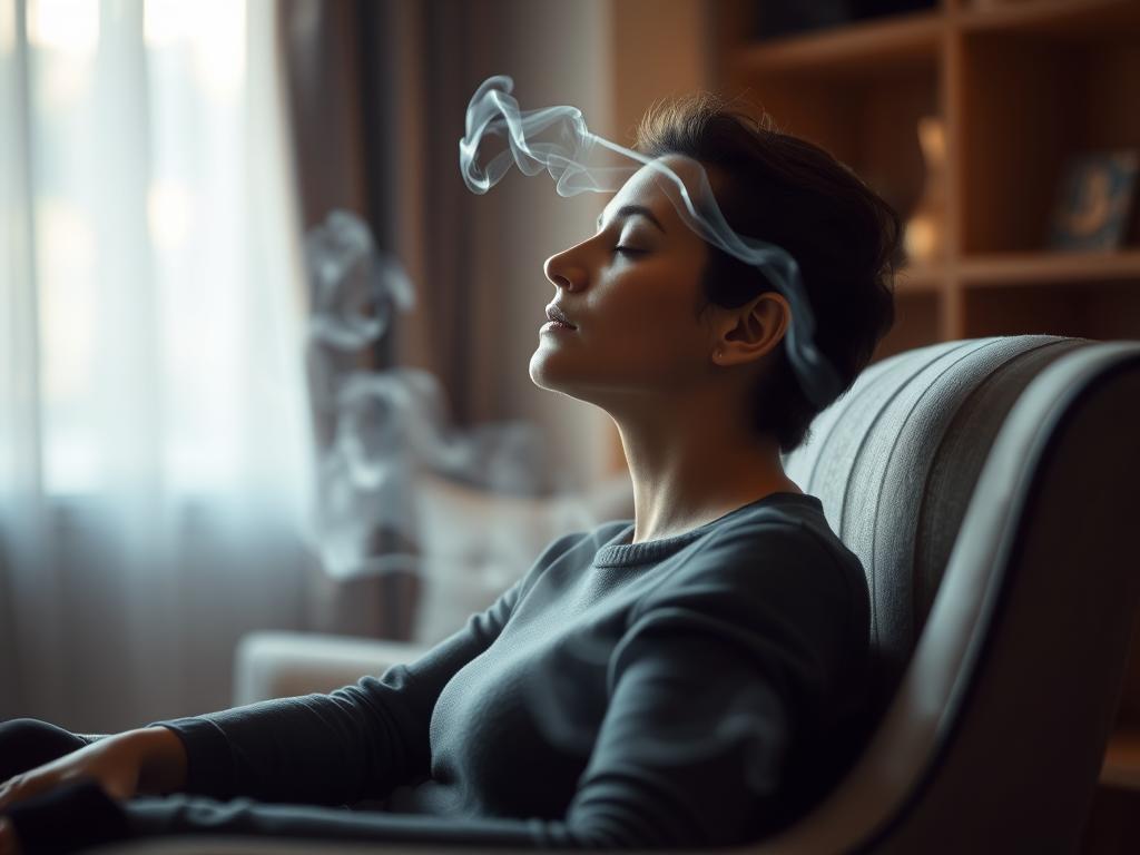 Finden Sie Hypnose in Ihrer Nähe – Ein neues Ich 1 A serene and tranquil scene of hypnosis. In the foreground, a person sits in a comfortable chair, their eyes gently closed as they enter a state of deep relaxation. Soft, diffused lighting creates a calming atmosphere, while the background is blurred, allowing the focus to remain on the hypnotized individual. Wispy tendrils of smoke drift around the subject, adding to the dreamlike quality of the image. The overall mood is one of serenity, introspection, and the transformative power of the hypnotic trance.