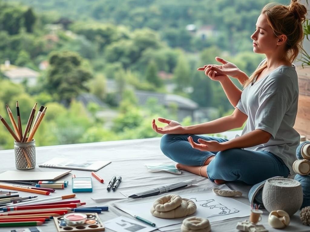 A serene and vibrant scene depicting the relationship between mindfulness, creative hobbies, and neuroplasticity. In the foreground, a person sits cross-legged, eyes closed, engaged in a meditative practice. Surrounding them, an array of artistic materials - paints, pencils, sketchpads - symbolizing the transformative power of creative expression. In the middle ground, hands deftly manipulate clay, weaving intricate patterns that evoke the brain's remarkable ability to adapt and change. The background showcases a lush, verdant landscape, suggesting the natural world's restorative influence on the mind. Soft, diffused lighting imbues the scene with a sense of tranquility and wonder, inviting the viewer to reflect on the profound interconnections between body, mind, and spirit.