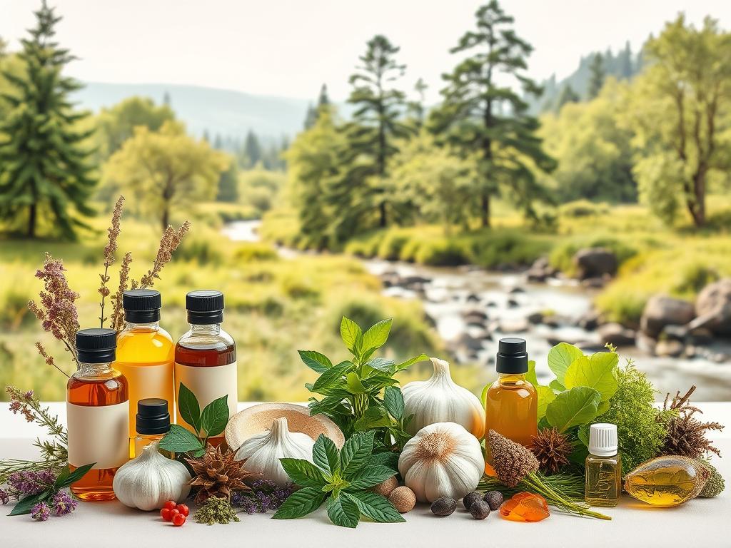Erfolgreiche Ureaplasma Selbstheilung – Ihre Chance 3 A serene and vibrant tableau depicting a variety of natural remedies for Ureaplasma. In the foreground, an arrangement of soothing herbal tinctures, essential oils, and medicinal plants against a soft, muted background. The middle ground features a selection of whole foods like garlic, probiotics, and anti-inflammatory superfoods. In the background, a lush, verdant landscape with towering trees and a tranquil stream, conveying a sense of natural harmony and healing. Gentle, natural lighting illuminates the scene, creating a warm, inviting atmosphere. The overall composition evokes a holistic, restorative approach to supporting the body's natural self-healing processes.