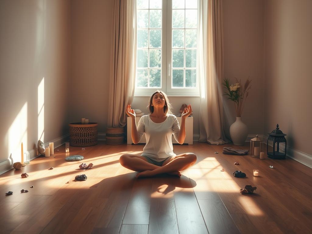 Erschaffe Wohlstand: Fülle durch Affirmationen 3 A serene and warmly lit meditation room, with a wooden floor and soft, neutral-toned walls. In the center, a person sits cross-legged, palms facing upwards, eyes closed in deep concentration. Gentle rays of sunlight stream in through large windows, casting a comforting glow across the scene. Scattered around the room are various items associated with spiritual practice, such as crystals, candles, and a small altar. The atmosphere is one of tranquility and inner focus, inviting the viewer to experience the power of affirmations and their ability to manifest abundance and well-being.