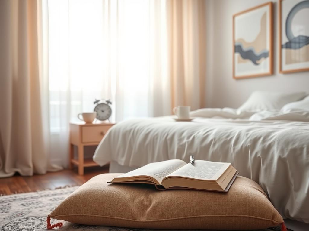A serene bedroom at dawn, with soft, diffused natural lighting streaming through sheer curtains. On a nightstand, an alarm clock, a cup of tea, and an open journal with a pen resting on the pages. A meditation cushion sits on the floor in the foreground, inviting the viewer to engage in a mindful morning ritual. The walls are adorned with calming, abstract artwork, creating a sense of tranquility and focus. The overall atmosphere conveys a balance of structure and fluidity, encouraging the viewer to optimize their sleep routines and unlock their creative potential.