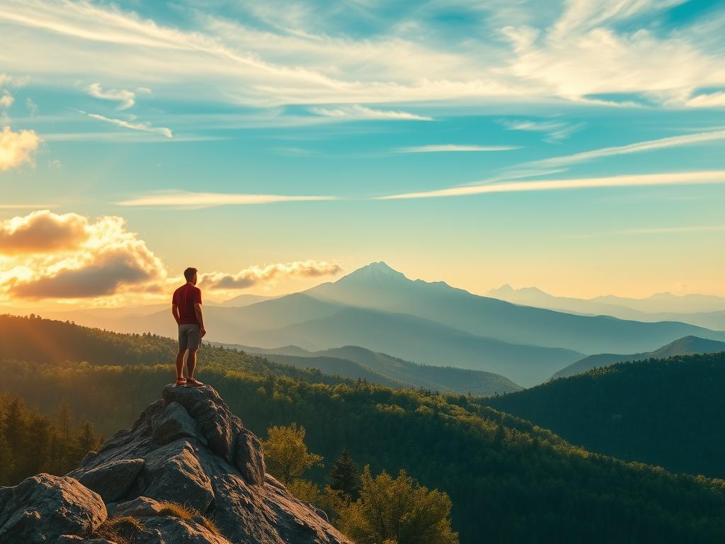 Entdecke Glaube als Lebensveränderer – Dein Weg 1 A serene, contemplative landscape depicting the transformative power of faith. In the foreground, a solitary figure stands atop a rocky outcrop, their gaze fixed upon the distant horizon, radiating a sense of inner peace and purpose. Soft, warm light filters through wispy clouds, casting a golden glow over the rolling hills and lush, verdant foliage in the middle ground. In the background, majestic mountains rise, their snowcapped peaks touching the azure sky, symbolic of the heights one can reach through the journey of faith. The composition evokes a sense of awe, wonder, and the promise of personal growth and transformation.