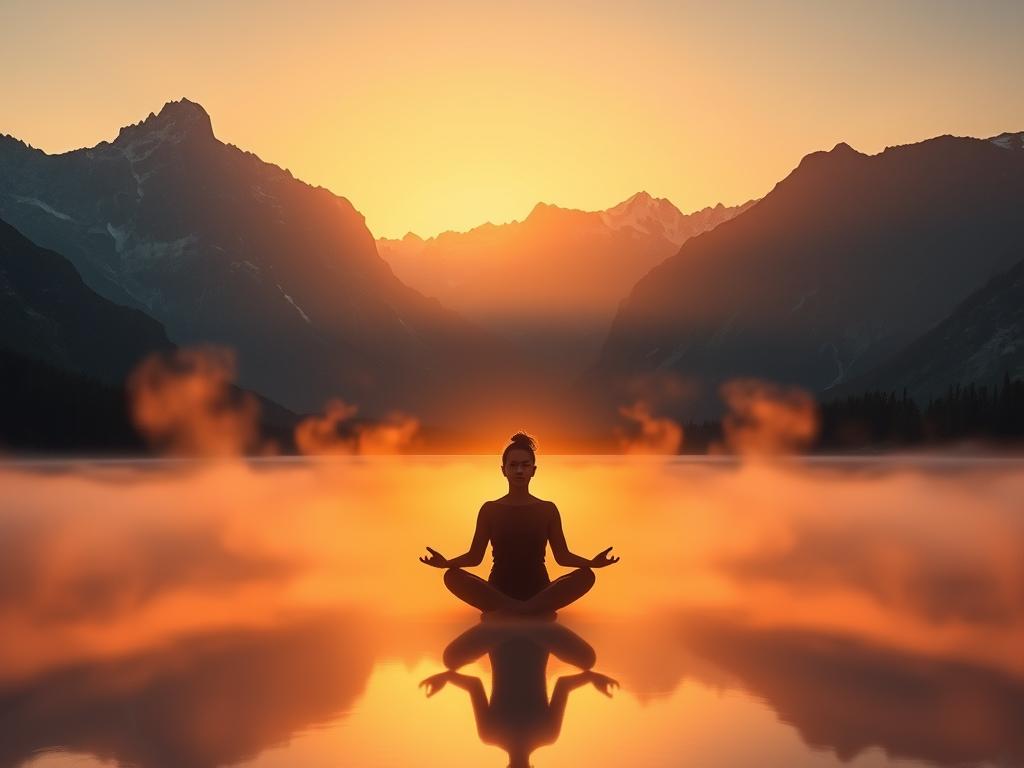 A serene, contemplative landscape with a figure meditating in the foreground, surrounded by glowing, ethereal energy fields. The figure sits cross-legged, eyes closed, their aura radiating a soft, warm light. In the middle ground, wisps of mist rise from a tranquil lake, reflecting the warm, golden tones of the setting sun. In the background, towering mountains stand tall, their peaks capped with snow. The overall atmosphere is one of deep, spiritual introspection and inner transformation, evoking the phases of spiritual awakening.