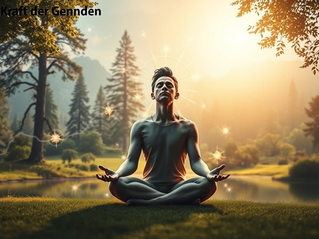 A serene, contemplative scene depicting the "Kraft der Gedanken" (Power of Thought). In the foreground, a pensive figure sits cross-legged, eyes closed in deep meditation, their expression radiating inner focus and clarity. Around them, glowing energy fields and luminous wisps of thought emanate, creating a sense of ethereal, transcendent power. The middle ground features a lush, verdant landscape with towering trees and a tranquil pond, reflecting the contemplative mood. The background is bathed in a warm, golden light, evoking a sense of enlightenment and possibility. The overall atmosphere is one of calm, introspection, and the transformative potential of the mind.