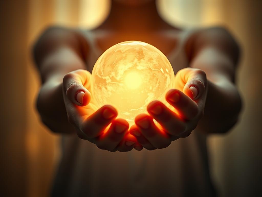 A serene, contemplative scene of a person's hands cradling a glowing sphere of light, symbolizing the essence of wealth and abundance. The figure is set against a soft, ethereal background with hues of gold, amber, and muted blue, evoking a sense of tranquility and inner reflection. The lighting is gentle, casting a warm, enveloping glow that highlights the tactile, textural qualities of the hands and the luminous sphere. The composition is balanced and draws the viewer's attention to the central focus, encouraging a deeper exploration of the meaning and interpretation of "Reichtum definieren."