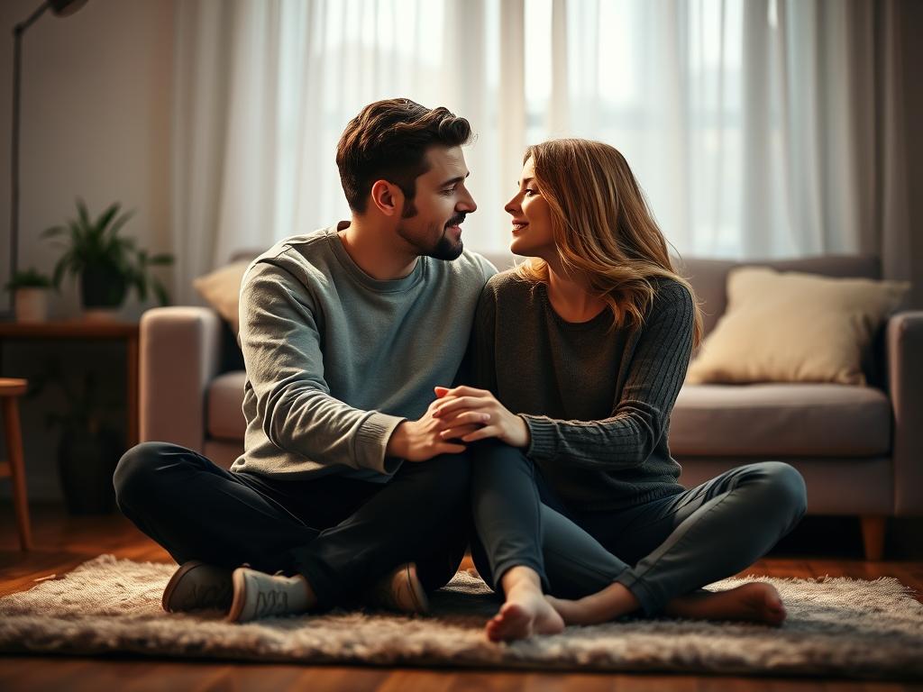 Liebe bewusst stärken – Tipps für tiefere Bindung 1 A serene couple sitting in a cozy living room, lovingly gazing into each other's eyes. Soft, warm lighting illuminates their faces, creating an intimate, introspective atmosphere. They are present in the moment, their bodies angled towards each other, hands intertwined, embodying the essence of "Achtsamkeit in der Beziehung" - conscious and mindful connection. The background is blurred, with subtle natural textures like wooden floors and a plush area rug, allowing the focus to remain on the couple's profound emotional intimacy. The overall scene conveys a sense of deep understanding, acceptance, and a deliberate strengthening of the bond between the two individuals.