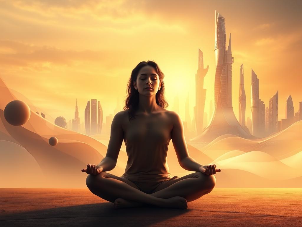 A serene digital landscape, bathed in a warm, golden glow. In the foreground, a figure sits cross-legged, hands gently resting on their lap, eyes closed in deep contemplation. Their expression is one of tranquility and focus, as if programming their very emotions through the power of mindfulness. In the middle ground, abstract forms and shapes swirl and intertwine, representing the intricate interplay of thoughts, feelings, and subconscious processes. Soft, pastel hues blend seamlessly, creating a sense of harmony and balance. The background features a futuristic cityscape, its towering, gleaming structures reaching towards the sky. Yet, despite the technological splendor, a sense of organic interconnectedness pervades the scene, suggesting the harmonious integration of mind, emotion, and technology. The overall mood is one of serenity, introspection, and the conscious mastery of one's inner landscape, encapsulating the essence of "Techniken zur bewussten Programmierung von Gefühlen".
