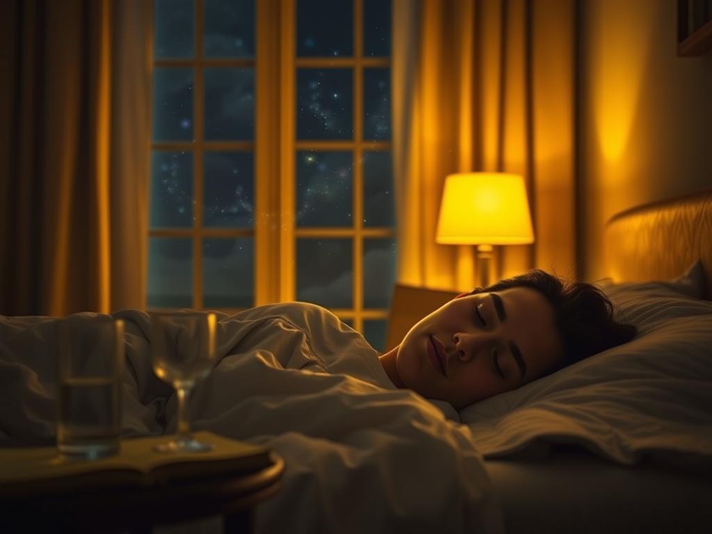 Schlafzimmer: Die Kraft des Unterbewusstseins nutzen 1 A serene, dimly lit bedroom scene bathed in a warm, golden glow. In the foreground, a person is peacefully sleeping, their face calm and tranquil. Faint wisps of dream-like imagery swirl around them, hinting at the mental processes unfolding during their slumber. In the middle ground, a bedside table holds a glass of water and a book, symbolic of the preparation and focus required for effective sleep programming. The background reveals a large window, through which a night sky twinkles, suggesting the restorative power of the natural cycles of day and night. The overall atmosphere is one of balance, restoration, and the unlocking of human potential through the harnessing of the subconscious mind during sleep.