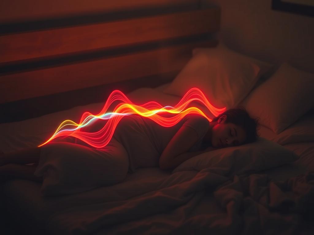 A serene, dimly-lit bedroom scene with a sleeping figure, their brain activity visualized as a mesmerizing display of colorful, undulating brain waves. The waves cascade gently across the pillow, casting a soft, dreamlike glow over the sleeping form. The lighting is warm and hazy, creating a tranquil, introspective atmosphere. The camera angle is slightly elevated, giving a bird's-eye view of the scene, allowing the viewer to observe the inner workings of the unconscious mind. The overall composition is balanced and visually captivating, inviting the viewer to contemplate the mysteries of the subconscious during the crucial sleep cycle.