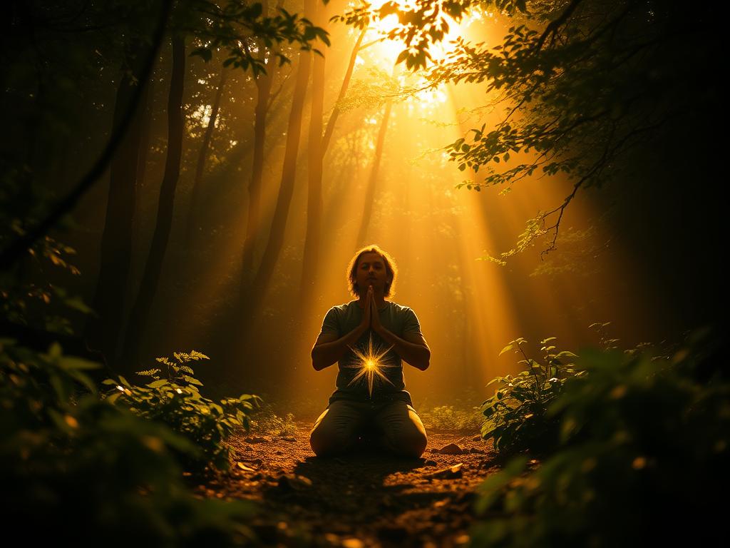 Heilung durch spirituelles Vertrauen – Finden Sie Kraft 1 A serene, dimly lit forest glade bathed in warm, golden light filtering through the canopy above. In the center, a figure kneels in a meditative pose, hands clasped in prayer, their face radiating a sense of profound spiritual connection and inner peace. Delicate, ethereal wisps of energy swirl and dance around them, as if channeling the natural forces of the forest. Lush, verdant foliage frames the scene, creating a sense of refuge and sanctuary. The overall atmosphere is one of tranquility, harmony, and the transformative power of faith and trust in the divine.