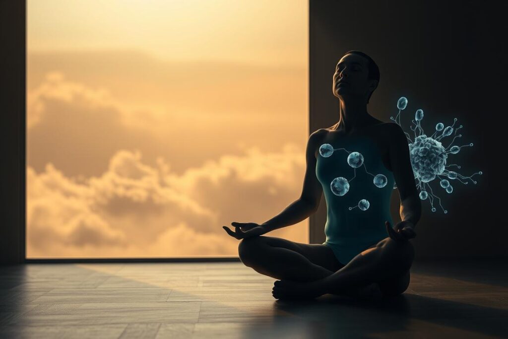 A serene, dimly lit interior scene depicting the process of autophagy through intermittent fasting. In the foreground, a person sits cross-legged, eyes closed in deep meditation, their body subtly glowing with an ethereal radiance. The middle ground reveals a cluster of mitochondria and organelles, their structures and movements suggesting the cellular renewal and cleansing taking place. In the background, a hazy, dream-like landscape unfolds, with wispy clouds and a muted color palette evoking a sense of tranquility and introspection. Soft, warm lighting casts gentle shadows, highlighting the interconnectedness of the physical and spiritual aspects of this transformative process. A serene, dimly lit interior scene depicting the process of autophagy through intermittent fasting. In the foreground, a person sits cross-legged, eyes closed in deep meditation, their body subtly glowing with an ethereal radiance. The middle ground reveals a cluster of mitochondria and organelles, their structures and movements suggesting the cellular renewal and cleansing taking place. In the background, a hazy, dream-like landscape unfolds, with wispy clouds and a muted color palette evoking a sense of tranquility and introspection. Soft, warm lighting casts gentle shadows, highlighting the interconnectedness of the physical and spiritual aspects of this transformative process.