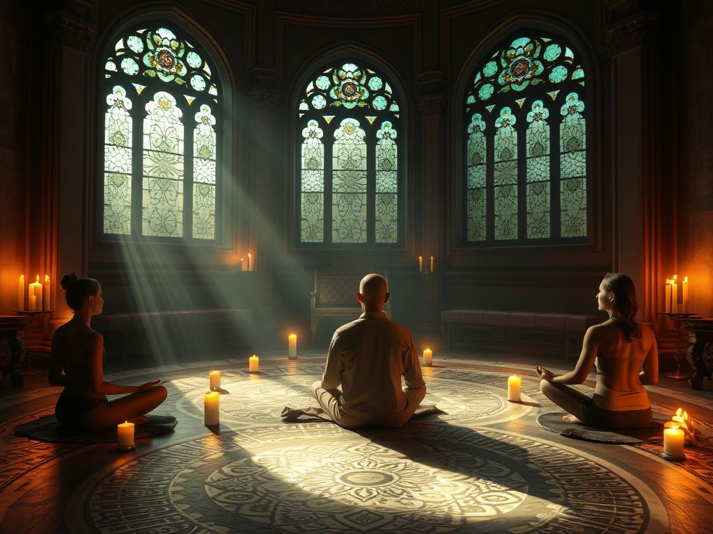 Entdecke Deinen direkten Zugang zum Unterbewusstsein 1 A serene, dimly lit meditation chamber with warm, glowing candlelight. Figures in lotus position, lost in deep contemplation, surrounded by intricate mandala patterns on the floor and walls. Soft, diffused light filters through stained glass windows, casting a gentle, meditative ambiance. The room has a sense of timelessness, encouraging profound inner exploration and a direct connection to the subconscious.