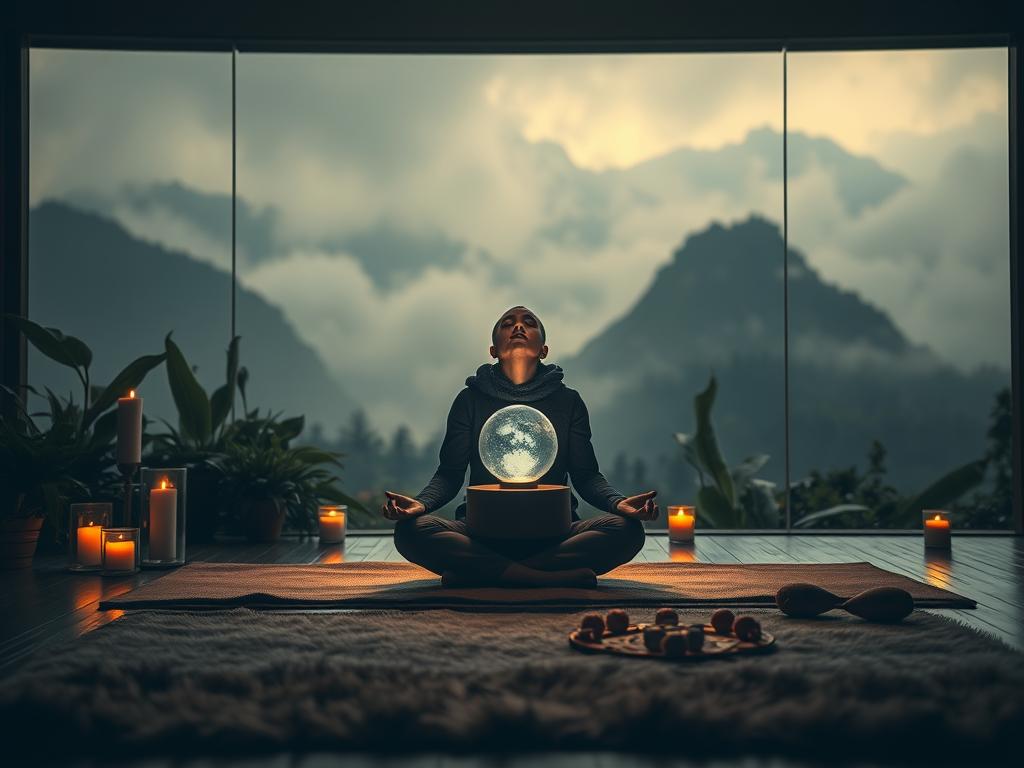 A serene, dimly lit meditation chamber. In the foreground, a figure sits cross-legged on a plush, cushioned mat, eyes closed in deep contemplation. Soft, warm lighting from candles and a slowly rotating crystal ball cast a gentle glow, imbuing the scene with a sense of tranquility and inner focus. In the middle ground, lush, verdant plants and fragrant incense add to the calming atmosphere, while the background depicts a mist-shrouded landscape, hinting at the boundless potential of the subconscious mind. The overall composition conveys a profound sense of connection between the individual and the natural world, symbolizing the activation of innate self-healing powers through the practice of meditation.