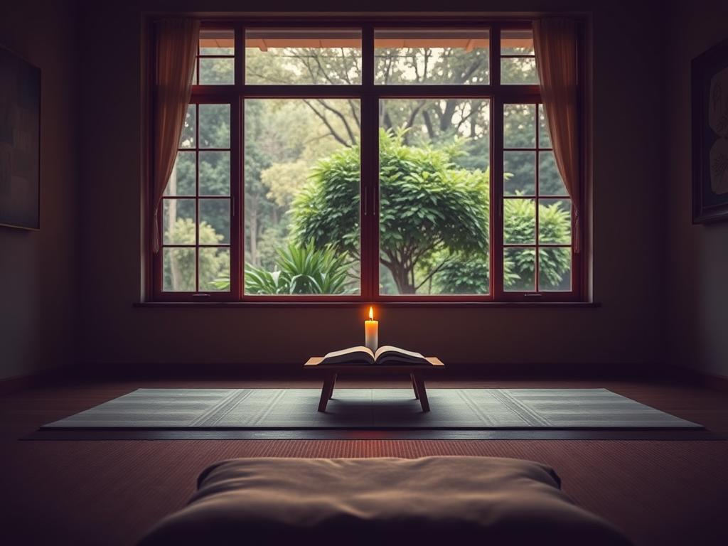 Mentale Stärke trainieren: Ihr Weg zu innerer Kraft 2 A serene, dimly lit meditation room with a cushioned mat in the foreground, a small wooden table with a burning candle and an open book in the middle ground, and a large window overlooking a tranquil garden in the background. Soft, warm lighting filters through the window, creating a cozy, introspective atmosphere. The room's walls are adorned with calming, abstract artworks, and the overall scene conveys a sense of focus, contemplation, and mental discipline.