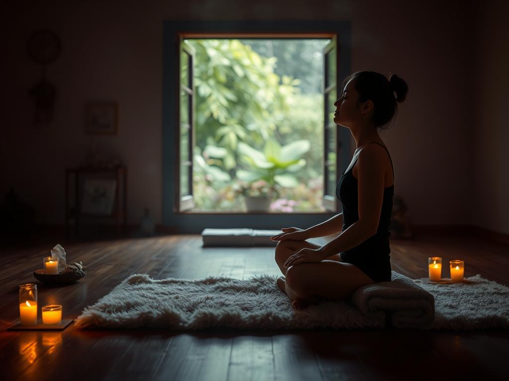 Wunder durch Glaubensstärke 2 A serene, dimly-lit meditation room with a wooden floor and soft ambient lighting. In the foreground, a person sits cross-legged on a plush, cushioned mat, eyes closed in deep contemplation. Surrounding them, glowing crystals, incense, and a single flickering candle create an atmosphere of tranquility and spiritual focus. In the middle ground, a partially open window overlooks a lush, verdant garden, filtering in natural light and a sense of connection to the natural world. The background is hazy, with soft, blurred edges, emphasizing the inward-turning nature of the scene. The overall mood is one of introspection, inner strength, and a sense of the divine within.