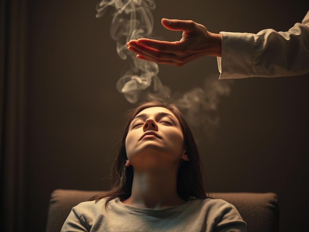 A serene, dimly lit room where a subject sits in a trance-like state, eyes closed and expression tranquil. A hypnotherapist's hands hover above, exuding a sense of control and focus. Plumes of soothing smoke drift in the air, creating an atmosphere of deep relaxation. The scene is captured with a shallow depth of field, emphasizing the connection between the practitioner and the subject. Soft, warm lighting illuminates the intimate moment, conveying the transformative power of hypnosis for weight loss. The overall composition evokes a sense of calm, introspection, and the potential for personal transformation.