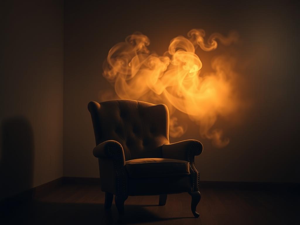 Finden Sie Hypnose in Ihrer Nähe – Ein neues Ich 2 A serene, dimly lit room with a hypnotist's chair in the foreground, positioned slightly off-center. The chair is upholstered in a rich, velvety fabric, creating a sense of comfort and relaxation. Soft, warm lighting illuminates the scene, casting a gentle glow on the chair and the surrounding space. In the background, a wispy, ethereal swirl of mist or vapor emanates, subtly hinting at the hypnotic state. The overall atmosphere is one of tranquility and focus, inviting the viewer to experience the calming and therapeutic effects of hypnosis.