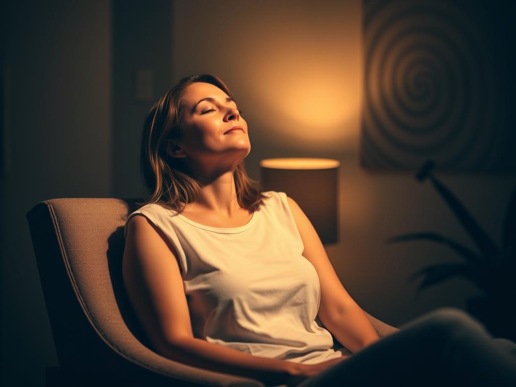 A serene, dimly lit room with a woman sitting in a comfortable chair, her eyes closed as she enters a state of deep relaxation. The lighting is soft and warm, creating a calming atmosphere. In the background, there are subtle reminders of the hypnosis process, such as a swinging pendulum or a spiraling pattern on the wall. The woman's expression is peaceful, and her body language conveys a sense of trust and openness. The scene evokes a sense of introspection and personal growth, reflecting the essence of "Hypnose Coaching."