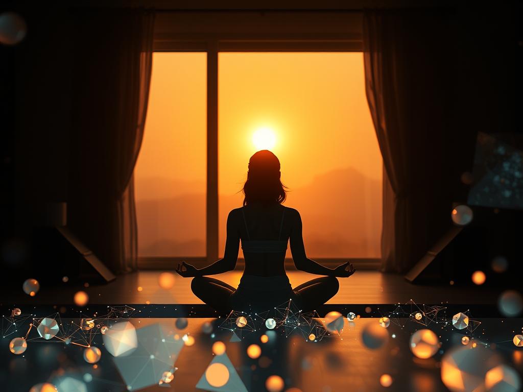 Erwecke Dein Potenzial mit positiven Affirmationen am Morgen 3 A serene, dimly lit scene with a female figure sitting in a meditative pose, surrounded by glowing visualization techniques. The foreground features an array of luminous polygons, spheres, and abstract shapes pulsing and swirling around her. In the middle ground, warm, diffused light filters through a window, casting a soft glow on the scene. The background is a hazy, dreamlike landscape, with subtle hints of rolling hills or distant mountains. The overall atmosphere is calming, contemplative, and imbued with a sense of inner focus and positive energy.
