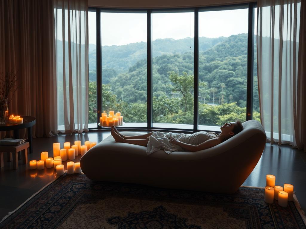 Tiefenentspannung für Affirmationen – Jetzt Starten! 1 A serene, dimly lit spa-like interior with soft, diffused lighting filtering through sheer curtains. In the foreground, a person reclines on a plush, oversized chaise lounge, eyes closed, deeply relaxed. Surrounding them, an array of candles create a warm, ambient glow, lending an air of tranquility. The middle ground features a large, ornate rug and minimalist decor, establishing a calming, meditative atmosphere. In the background, large windows overlook a lush, verdant landscape, blurring the boundaries between indoor and outdoor spaces. The overall scene evokes a profound sense of relaxation and inner peace.