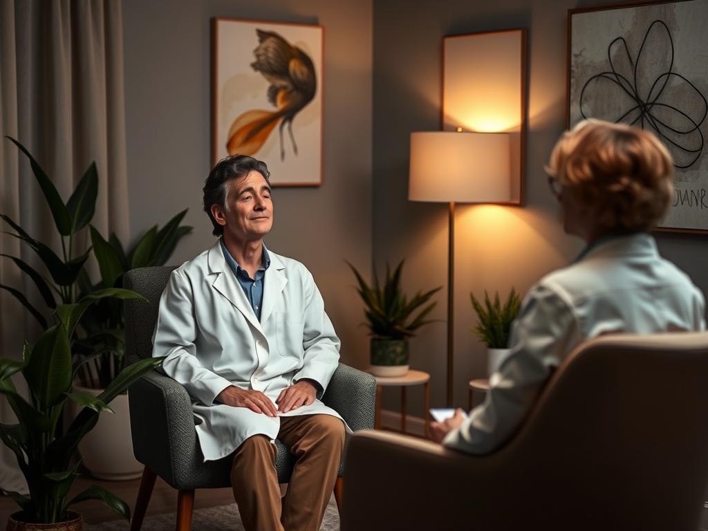 Hypnose zur Rauchentwöhnung: Starten Sie neu! 2 A serene, dimly lit therapy room with a hypnotherapist, dressed in a crisp white coat, sitting across from a patient in a comfortable armchair. The patient's eyes are gently closed, their expression relaxed and focused, as the hypnotherapist guides them through a soothing visualization to help them quit smoking. The room is adorned with calming plants, soft lighting, and subtle abstract art, creating an atmosphere of tranquility and healing. The overall scene conveys the benefits of hypnosis as an effective, holistic approach to smoking cessation, empowering the patient to take control of their health and well-being.