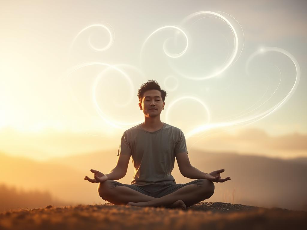 A serene, dreamlike scene depicting the influence of beliefs on emotions and behavior. In the foreground, a figure sits in a meditative pose, their face peaceful and introspective. Surrounding them, swirling wisps of energy and light symbolize the interplay of beliefs, feelings, and actions. The middle ground features a softly blurred landscape, hinting at the broader context in which this inner exploration takes place. In the background, a warm, diffuse glow emanates, creating a sense of tranquility and spiritual awakening. Soft, natural lighting illuminates the scene, enhancing the contemplative mood. The overall composition conveys the transformative power of beliefs and the journey of self-discovery.