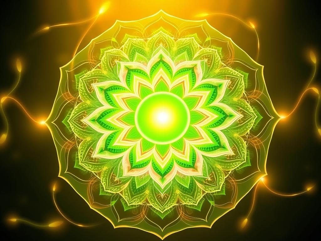 Herz öffnen lernen 3 A serene, energy-filled mandala depicting the Herzchakra (heart chakra) Technik. In the center, a glowing green sphere radiates warmth and healing, encircled by intricate patterns of swirling, overlapping lotus petals in varying shades of green, pink, and white. Around the mandala, delicate ribbons of light in soft pastels weave through the composition, creating a sense of movement and interconnectedness. The entire scene is bathed in a warm, golden glow, evoking a peaceful, meditative atmosphere. Subtle highlights and shadows accentuate the depth and dimensionality of the elements, drawing the viewer's focus to the heart of the image. Captured with a wide-angle lens to emphasize the expansive, holistic nature of the Herzchakra Technik.
