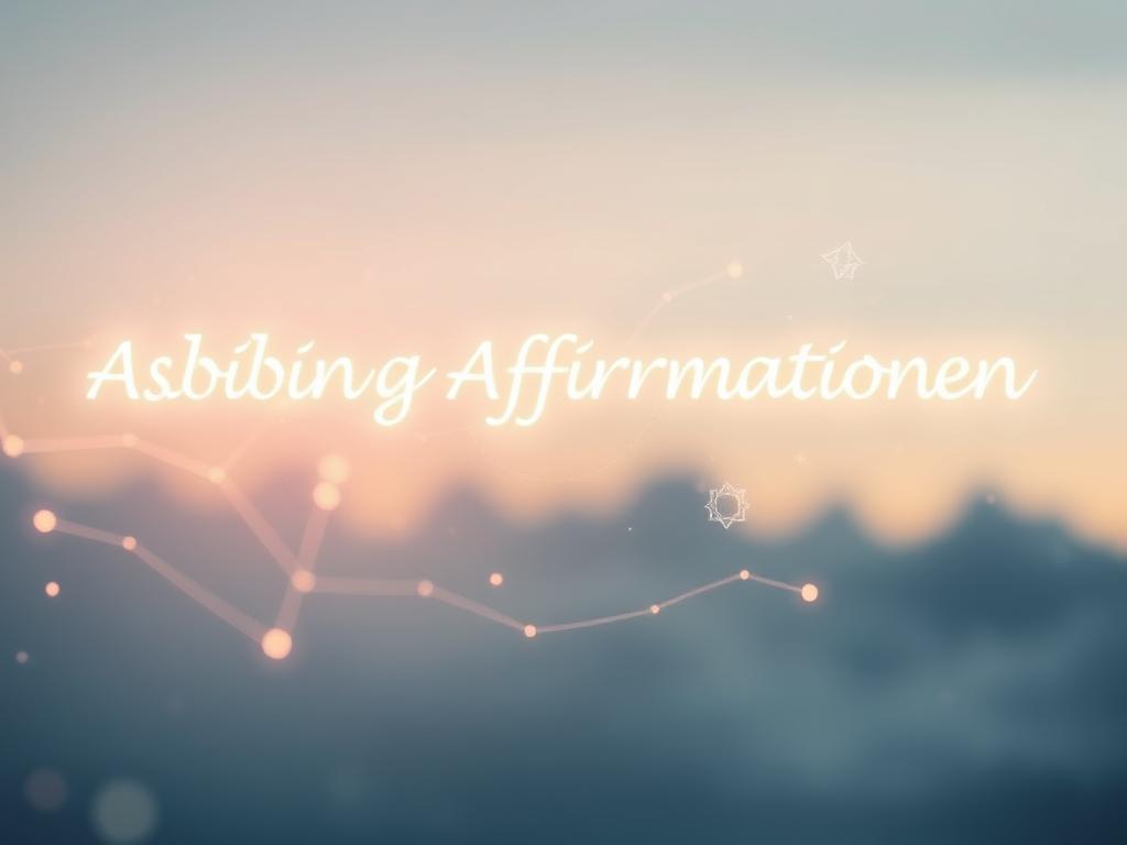 Positives Denken – Abnehmen Affirmationen für dich 1 A serene, ethereal image of glowing affirmations floating against a peaceful, pastel-hued backdrop. In the foreground, wispy, luminous text in German reads "Abnehmen Affirmationen wirksam", softly illuminating the frame. In the middle ground, delicate, abstract shapes and geometric patterns subtly suggest the process of positive transformation. The background is filled with a calming, gradient sky, evoking a sense of introspection and inner calm. The overall mood is one of tranquility, meditation, and the empowering potential of affirmative self-talk.