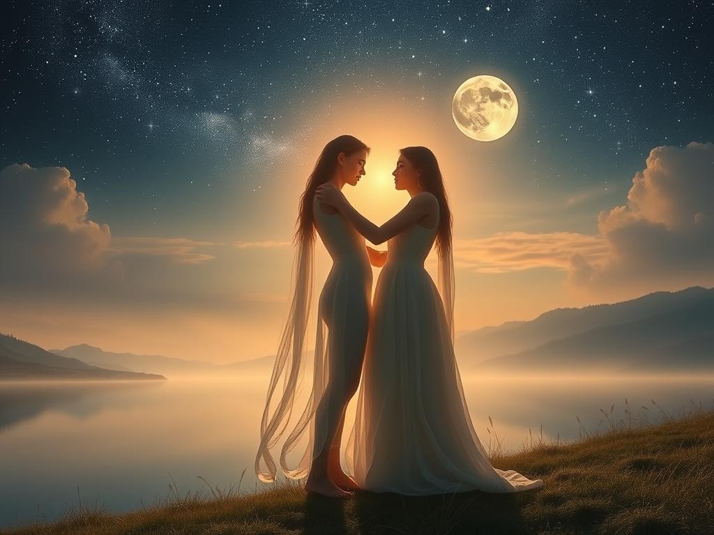 A serene, ethereal landscape where the essence of soulful love is embodied. In the foreground, two ethereal figures intertwine, their embrace a tapestry of luminous energy and profound connection. The middle ground features a tranquil lake, its still waters reflecting the celestial beauty above. In the background, a sky of shimmering stars and a full moon cast a warm, mystical glow, evoking a sense of timelessness and the depth of the human spirit. Soft, diffused lighting creates an atmosphere of reverence and inner peace, inviting the viewer to connect with the profoundly intimate nature of soulful love.