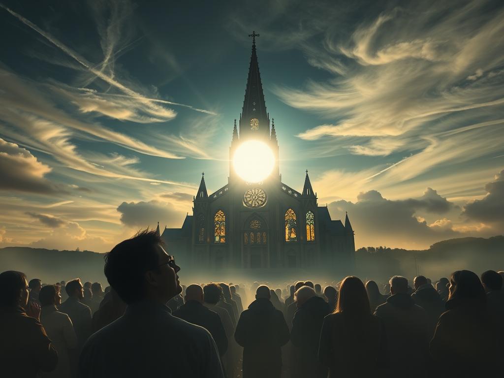 Entdecke Glaube als Lebensveränderer – Dein Weg 2 A serene, ethereal landscape with a glowing orb of light in the center, representing the transformative power of faith. In the foreground, a group of people in various stages of prayer and meditation, their faces filled with reverence and inner reflection. The middle ground features a towering cathedral, its stained glass windows casting a kaleidoscope of colors upon the faithful. In the background, a vast, open sky with swirling clouds, hinting at the boundless nature of spiritual transformation. Dramatic chiaroscuro lighting illuminates the scene, creating a sense of awe and wonder. Soft, muted tones evoke a contemplative, introspective atmosphere.