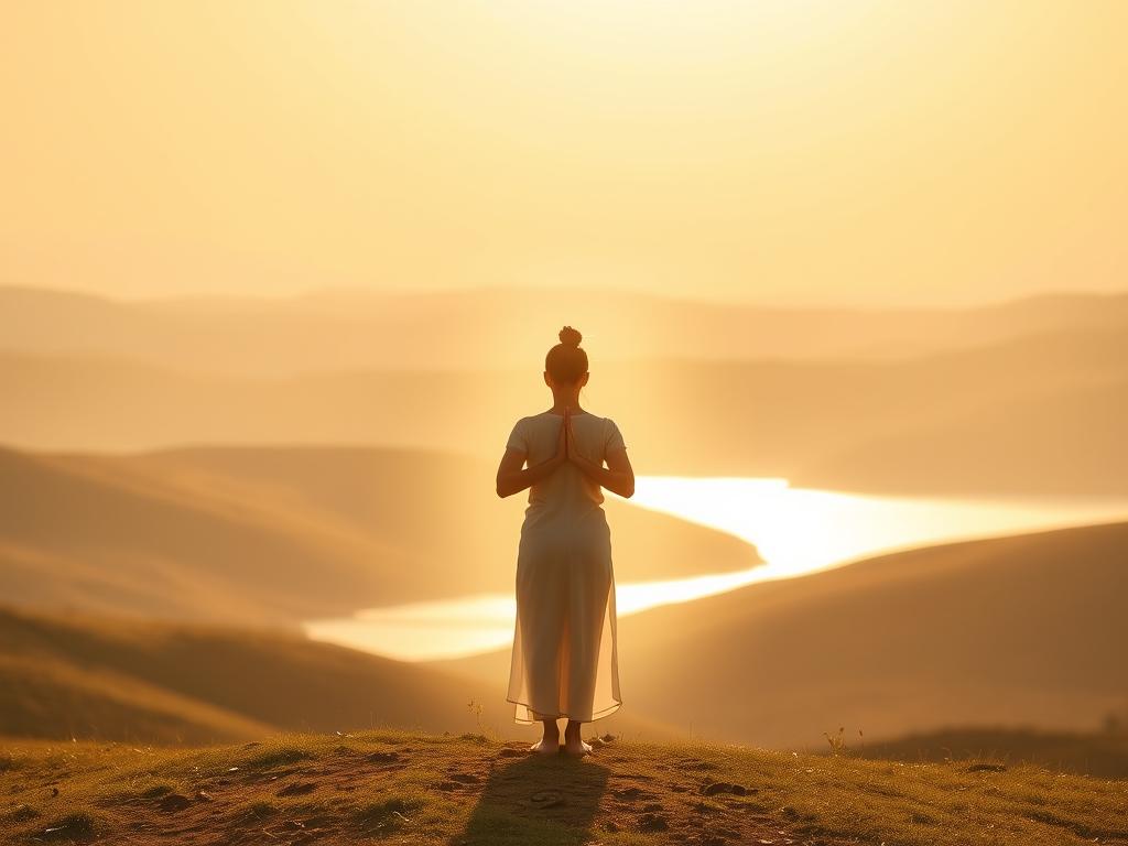 Aktiviere Deinen Glauben bewusst – Lebenskraft 1 A serene, ethereal landscape with rolling hills and a bright, golden sky. In the foreground, a solitary figure stands in a meditative pose, their hands gently clasped in front of them. The figure is enveloped in a soft, glowing aura, radiating a sense of inner peace and well-being. In the background, a shimmering lake reflects the tranquil scene, its surface like a mirror. The lighting is warm and diffused, creating a sense of calm and introspection. The overall atmosphere is one of harmony, balance, and the gentle activation of one's inner faith and life force.