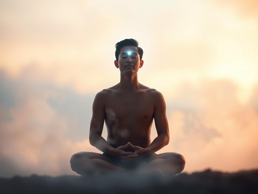 A serene, ethereal scene depicting the activation of the subconscious mind. In the foreground, a person sits in a meditative pose, their eyes closed and expression peaceful. Glowing, translucent energy emanates from their third eye, illuminating the surrounding space. In the middle ground, wisps of mist swirl, hinting at the unseen forces of the subconscious. The background fades into an abstract, dreamlike landscape of soft, pastel hues and gentle gradients, suggesting the boundless depths of the inner psyche. Soft, diffused lighting envelops the scene, creating a sense of tranquility and introspection. The overall mood is one of wonder, curiosity, and the mystical power of the subconscious mind.