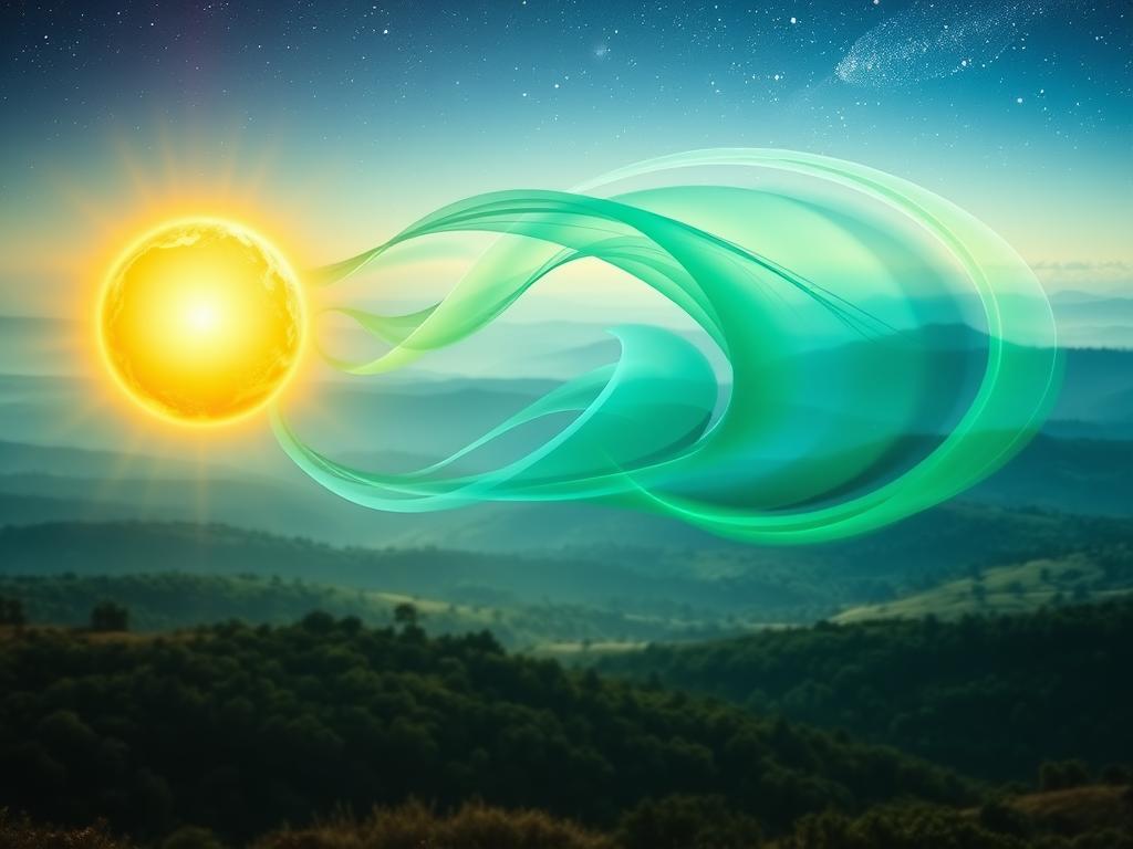 Reichtum durch Gedanken manifestieren 3 A serene, ethereal visualization of wealth and abundance. In the foreground, a luminous sphere of golden light emanates a sense of radiance and prosperity. Swirling, translucent energy fields in shades of emerald and sapphire form the midground, conveying a dynamic visualization of manifesting thoughts into reality. The background depicts a vast, dreamlike landscape, with rolling hills, lush forests, and a clear, starry sky, all bathed in a soft, diffused glow. The overall composition evokes a sense of calm focus, inner-directed intention, and the boundless potential of the mind to shape one's material circumstances.