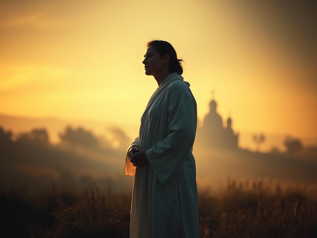 Glaubensarbeit im Alltag: Finde Deine Mitte 3 A serene figure dressed in a flowing white robe, standing amidst a dimly lit, evocative landscape. Soft, warm light bathes the scene, casting gentle shadows across the figure's face, conveying a sense of contemplation and introspection. In the background, a faint silhouette of a church or temple structure, hinting at the spiritual elements of the "Glaubensarbeit" (faith work) taking place. The overall atmosphere is one of quiet reflection, offering a visual representation of the resilience and inner strength found in difficult times.