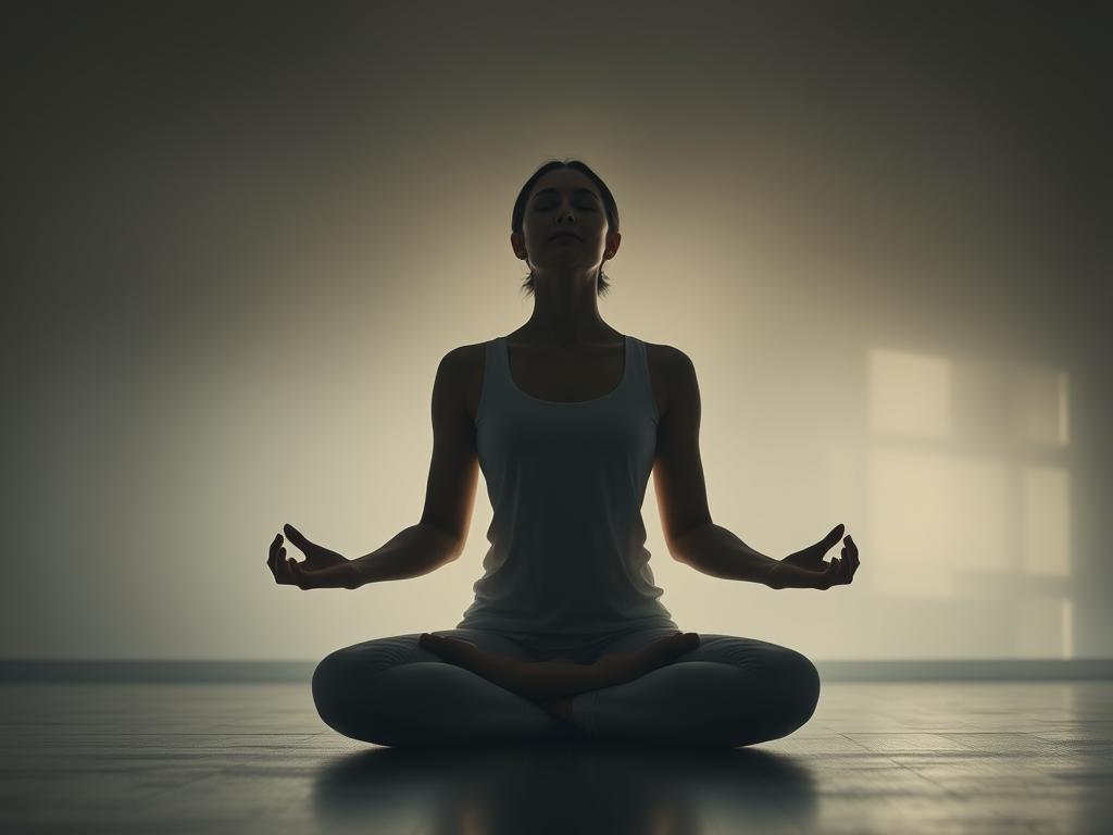 Stärke deinen Glauben Übungen für tägliche Praxis 2 A serene figure sitting in a lotus position, eyes closed, palms upturned, radiating an inner peace and spiritual enlightenment. The background is a tranquil, dimly lit room with soft, diffused lighting, creating a contemplative atmosphere. Muted neutral tones throughout, with subtle textures and natural elements like wood or stone surfaces. The composition is balanced and calming, inviting the viewer to engage in a meditative practice. The overall scene conveys a sense of introspection, devotion, and the pursuit of spiritual growth.