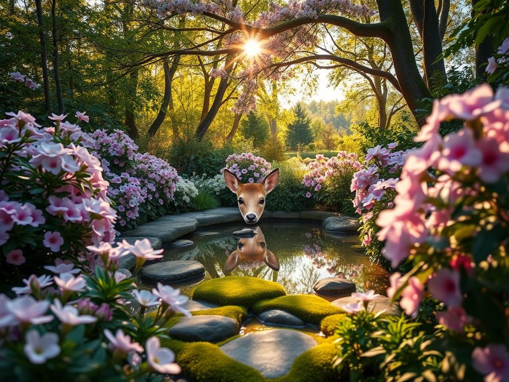 A serene garden filled with lush, blooming flowers in soft hues of pink, lavender, and white. In the center, a tranquil pond reflects the sky above, surrounded by mossy stones and leafy plants. Sunlight filters through the canopy of trees, casting a warm, golden glow over the scene. A pair of soulful, doe-like eyes peer out from the foliage, hinting at a deeper, spiritual connection with the natural world. The overall atmosphere is one of profound peace and inner harmony, inviting the viewer to embark on a journey of self-discovery and the discovery of soulful love.