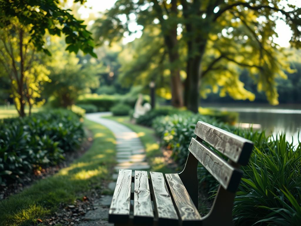 Heilung finden durch Vergebung in Beziehungen 3 A serene garden path winds through lush greenery, leading the viewer towards a peaceful, open space. Soft, diffused sunlight filters through the canopy of trees, casting a warm, healing glow. In the foreground, a weathered wooden bench invites contemplation, symbolizing the opportunity for reconciliation and forgiveness. The middle ground features a sculptural element, perhaps a carved stone or metal representation of the steps towards healing. In the background, a tranquil body of water reflects the natural beauty, representing the calming, restorative nature of the journey of forgiveness. The overall atmosphere conveys a sense of introspection, growth, and the possibility of mending broken connections.
