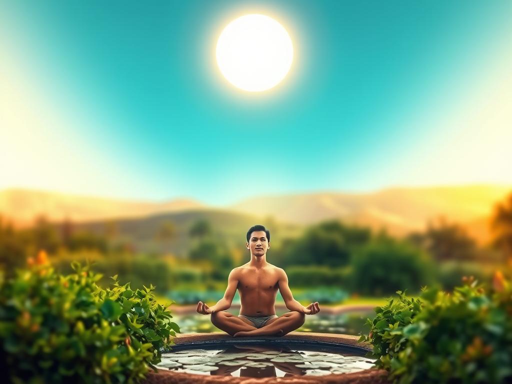Heilmeditation: Dein Weg zur Inneren Ruhe 2 A serene garden scene with a glowing orb of light hovering above a meditating figure in the foreground. Lush, verdant foliage and a tranquil pond with lily pads in the middle ground, framed by a soft, blurred background of rolling hills and a warm, golden sky. Diffused, gentle lighting creates a peaceful, contemplative atmosphere. The meditating figure is sitting in a comfortable lotus position, hands resting gently on their lap, eyes closed in deep focus. A sense of inner harmony and rejuvenation radiates from the scene.