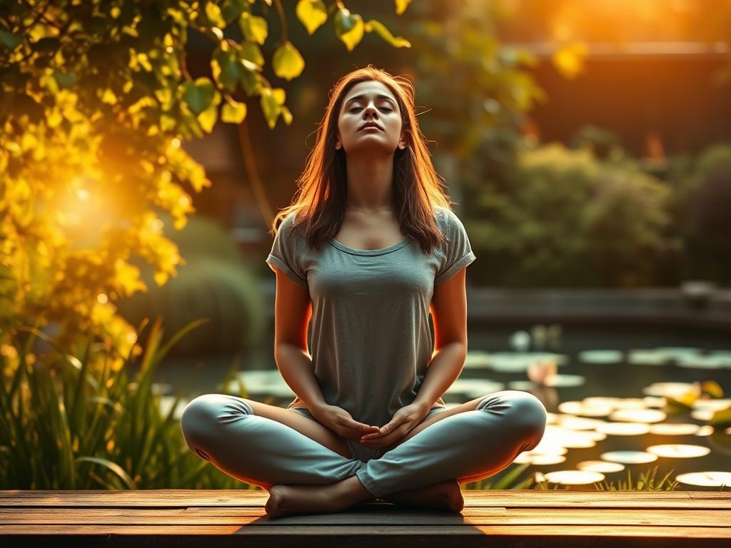 A serene garden setting, with a woman sitting cross-legged on a wooden bench, gazing inwardly in deep contemplation. Warm, golden sunlight filters through lush foliage, casting a soft glow over her meditative pose. The background features a tranquil pond with lily pads and the gentle movement of water. A sense of calmness and inner reflection pervades the scene, inviting the viewer to pause and connect with their own sense of inner trust and wellbeing. The composition is balanced, with the woman situated in the middle ground, surrounded by the natural elements that foster an atmosphere of introspection and self-awareness.