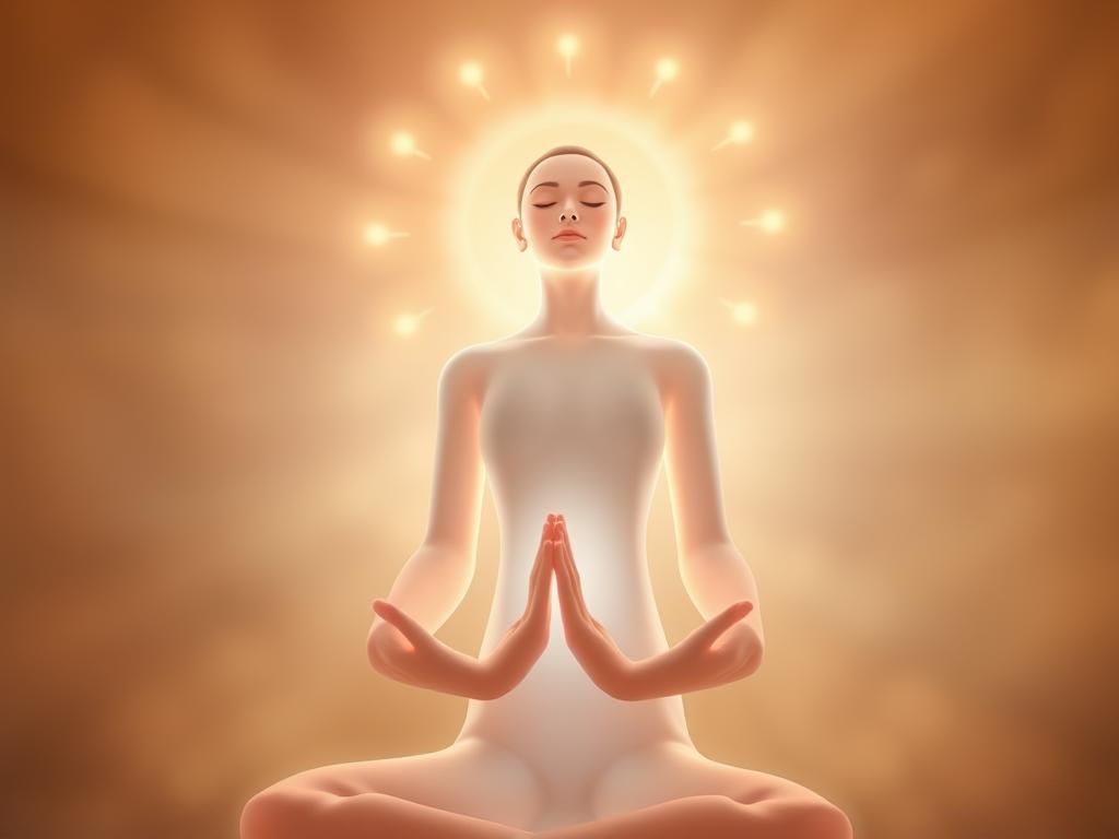 A serene, glowing figure emanating inner light, radiating healing energy. A soft, ethereal aura surrounds the central form, with a tranquil, meditative expression. The figure is set against a backdrop of warm, muted tones, creating a sense of calm introspection. Subtle details like wisps of energy or gentle motifs may subtly emerge. Captured through a medium-wide lens with soft, diffused lighting, the image conveys a sense of peaceful self-discovery and the transformative power of mindfulness.