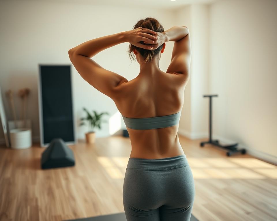 A serene home gym setting with a person performing a back-stretching exercise. The subject is in the foreground, captured in a mid-shot, dressed in comfortable workout attire. The lighting is soft and diffused, creating a warm, inviting atmosphere. The background features a minimalist, clean design with a wooden floor, neutral-toned walls, and a few simple fitness equipment pieces. The overall composition conveys a sense of relaxation and focus, perfectly illustrating the "Effektive Methoden zur Selbstkorrektur" section of the article.