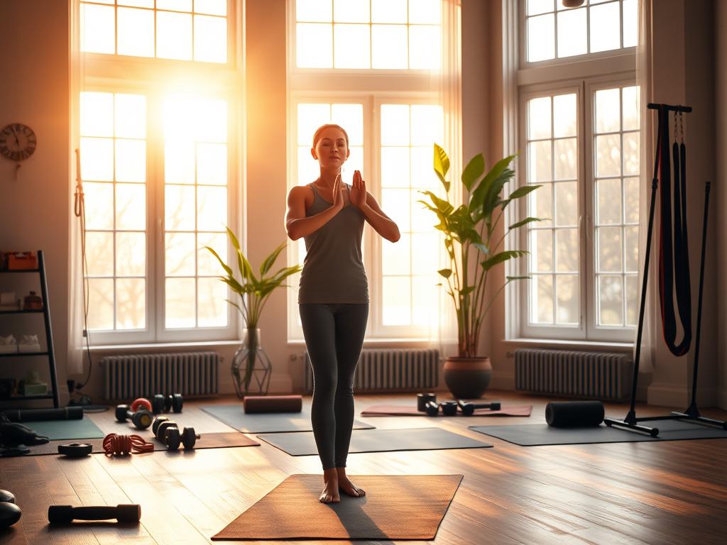 Mentaltraining Zuhause 3 A serene home gym setting with a person practicing mental focus and physical movement. Warm, natural lighting filters through large windows, casting a calming glow. In the foreground, the figure stands in a relaxed yet intentional yoga pose, eyes closed in meditative concentration. The middle ground features various exercise equipment - yoga mats, weights, and resistance bands - neatly arranged. In the background, a tranquil indoor plant and minimalist decor create a sense of mindfulness and well-being. The overall atmosphere evokes a harmonious blend of physical exercise and mental tranquility.