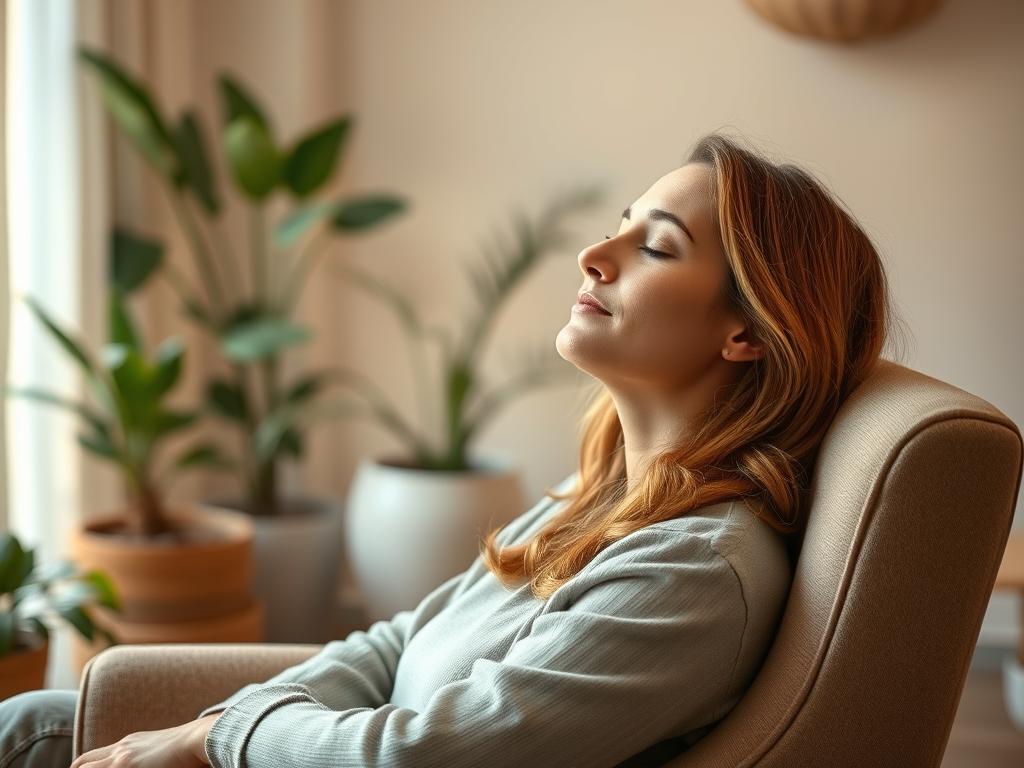 Finden Sie Hypnose in Ihrer Nähe – Ein neues Ich 3 A serene, home-like setting with a woman in a comfortable armchair, eyes closed, deeply focused as she undergoes hypnotherapy. Warm, diffused lighting creates a calming atmosphere, while soft textures and natural elements like plants in the background evoke a sense of grounding and tranquility. The therapist, out of frame, guides the session with a soothing voice, helping the client integrate hypnosis into their daily life. A harmonious blend of modern and earthy tones, the scene conveys the integration of hypnosis as a natural, therapeutic practice.