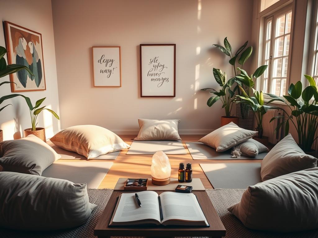 Mentaltraining Zuhause 1 A serene home meditation studio, bathed in warm, natural light filtering through large windows. Plush pillows and mats arranged in a circle, inviting introspection. A journal and pen on a low table, alongside crystals, essential oils, and a small Himalayan salt lamp casting a soft glow. On the walls, abstract art and calligraphy framed, evoking themes of self-reflection and inner growth. Lush, verdant plants in the corners, their soothing presence complementing the tranquil atmosphere. The overall mood is one of calm focus, a sanctuary for mental and spiritual nourishment.