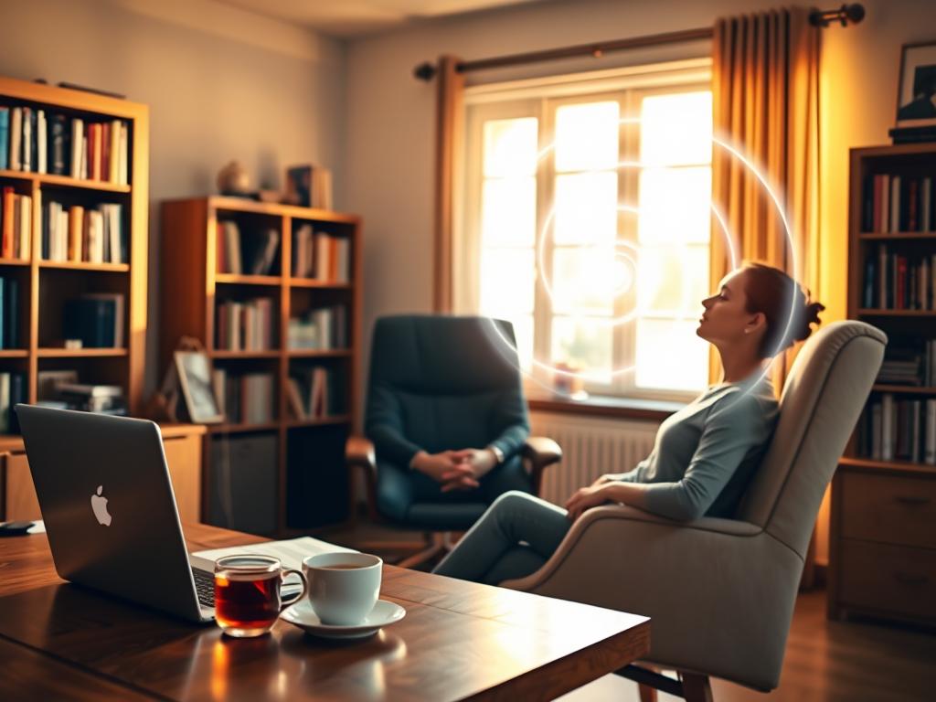 A serene home office setting, bathed in warm, natural lighting from a large window. On a wooden desk, a laptop, a cup of tea, and a stylized hypnosis spiral design floating in midair, emitting a soft, mesmerizing glow. The figure of a calm, focused coach sits in a comfortable chair, guiding a client through a hypnosis session, their expressions peaceful and tranquil. Bookshelves line the walls, hinting at the depth of knowledge and expertise within. The atmosphere is one of clarity, introspection, and the transformative power of the mind.