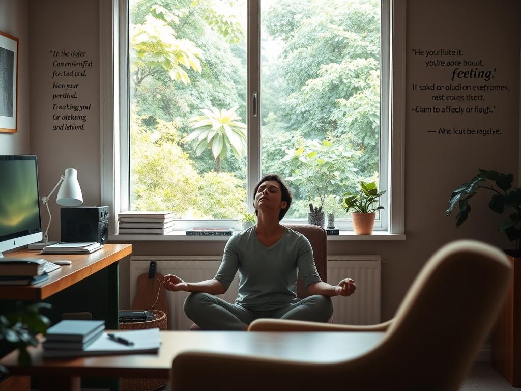A serene home office with a large window overlooking a lush garden. The desk is neatly organized, with a computer, a stack of papers, and a pen. In the foreground, a person sits in a comfortable chair, eyes closed, deep in meditation. Soft, natural lighting filters through the window, creating a warm, contemplative atmosphere. The walls are adorned with inspirational quotes and affirmations, subtly guiding the viewer's focus inward. A sense of calm and focus pervades the scene, inviting the viewer to reflect on the power of well-crafted affirmations.