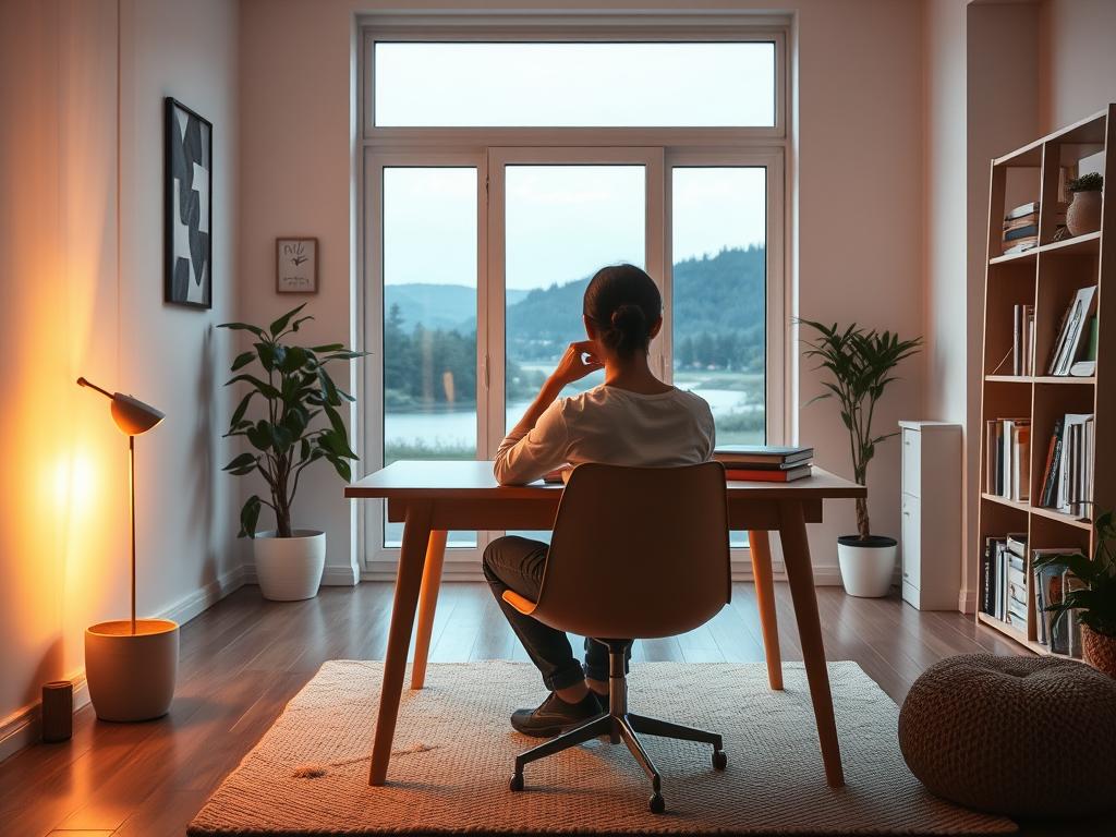 A serene home office with warm lighting, showcasing the concept of "Gedankenhygiene im täglichen Leben". In the foreground, a person sits comfortably at a minimalist wooden desk, deep in contemplation, focusing on their thoughts and inner clarity. The middle ground features a large window overlooking a tranquil natural landscape, symbolizing the connection between the mind and the external world. The background is filled with subtle, calming details like a potted plant, a soft-textured area rug, and a bookshelf displaying titles on mindfulness and self-reflection. The overall atmosphere conveys a sense of peace, balance, and a mindful approach to daily life.