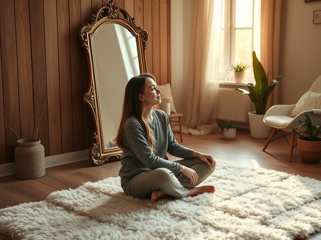 A serene indoor scene with a young woman sitting cross-legged on a plush, ivory-colored rug. She is gazing softly at her reflection in a large, ornate mirror propped against a wooden wall. The scene is bathed in warm, golden light from a nearby window, casting a gentle glow on her face as she contemplates self-love. The background features minimalist decor - a few potted plants, a cozy armchair, and a soft, neutral-toned palette that creates a calming, introspective atmosphere. The woman's expression is one of tranquility and self-acceptance, embodying the theme of "sich selbst lieben lernen."